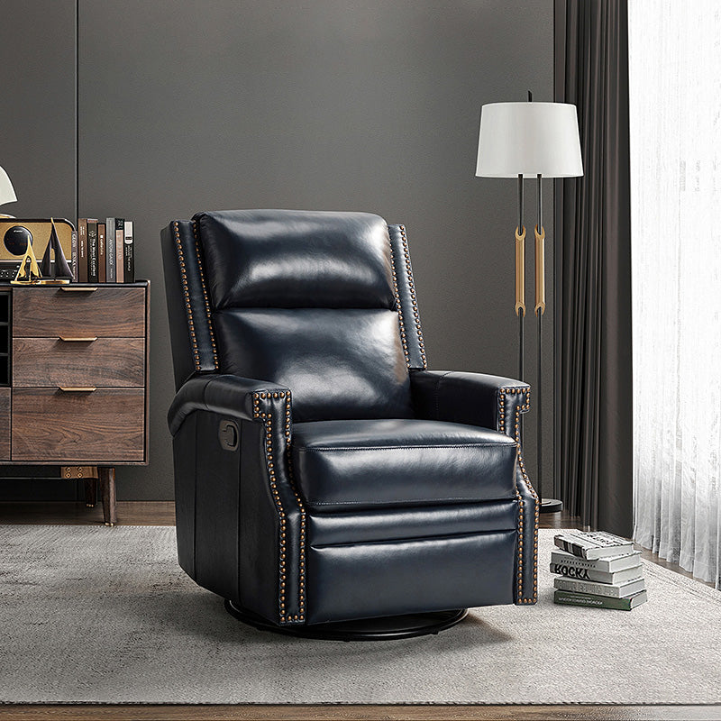 Fauteuil inclinable, pivotant et à bascule Wingback en cuir véritable avec clous en laiton et deux positions manuelles | Camel / Marine / Saddle / Marron / Sauge / Tourterelle / Beige / Turquoise / Bordeaux | Siège unique