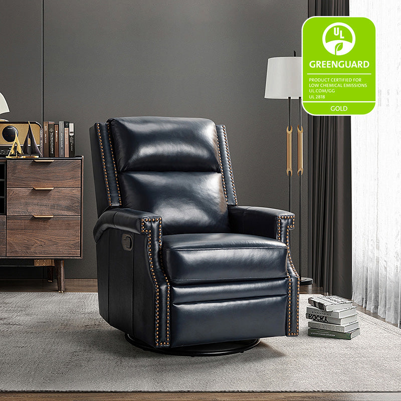Fauteuil inclinable, pivotant et à bascule Wingback en cuir véritable avec clous en laiton et deux positions manuelles | Camel / Marine / Saddle / Marron / Sauge / Tourterelle / Beige / Turquoise / Bordeaux | Siège unique