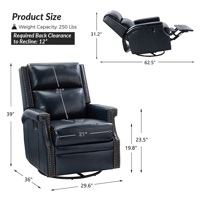 Fauteuil inclinable, pivotant et à bascule Wingback en cuir véritable avec clous en laiton et deux positions manuelles | Camel / Marine / Saddle / Marron / Sauge / Tourterelle / Beige / Turquoise / Bordeaux | Siège unique