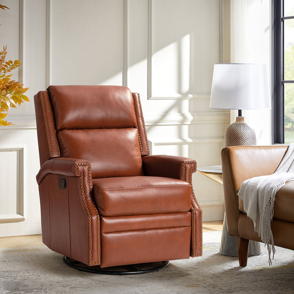 Fauteuil inclinable, pivotant et à bascule Wingback en cuir véritable avec clous en laiton et deux positions manuelles | Camel / Marine / Saddle / Marron / Sauge / Tourterelle / Beige / Turquoise / Bordeaux | Siège unique