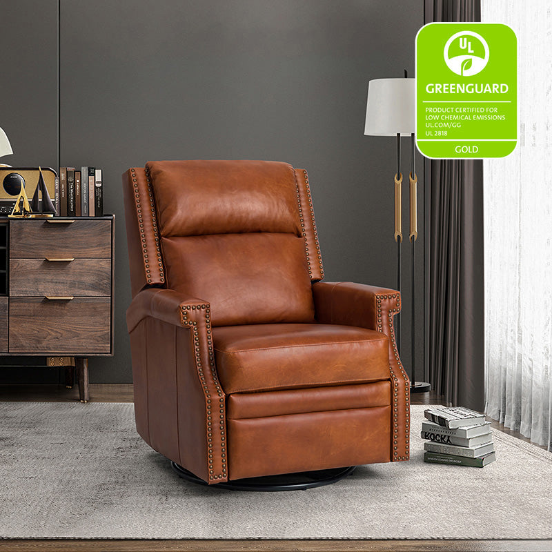 Fauteuil inclinable, pivotant et à bascule Wingback en cuir véritable avec clous en laiton et deux positions manuelles | Camel / Marine / Saddle / Marron / Sauge / Tourterelle / Beige / Turquoise / Bordeaux | Siège unique