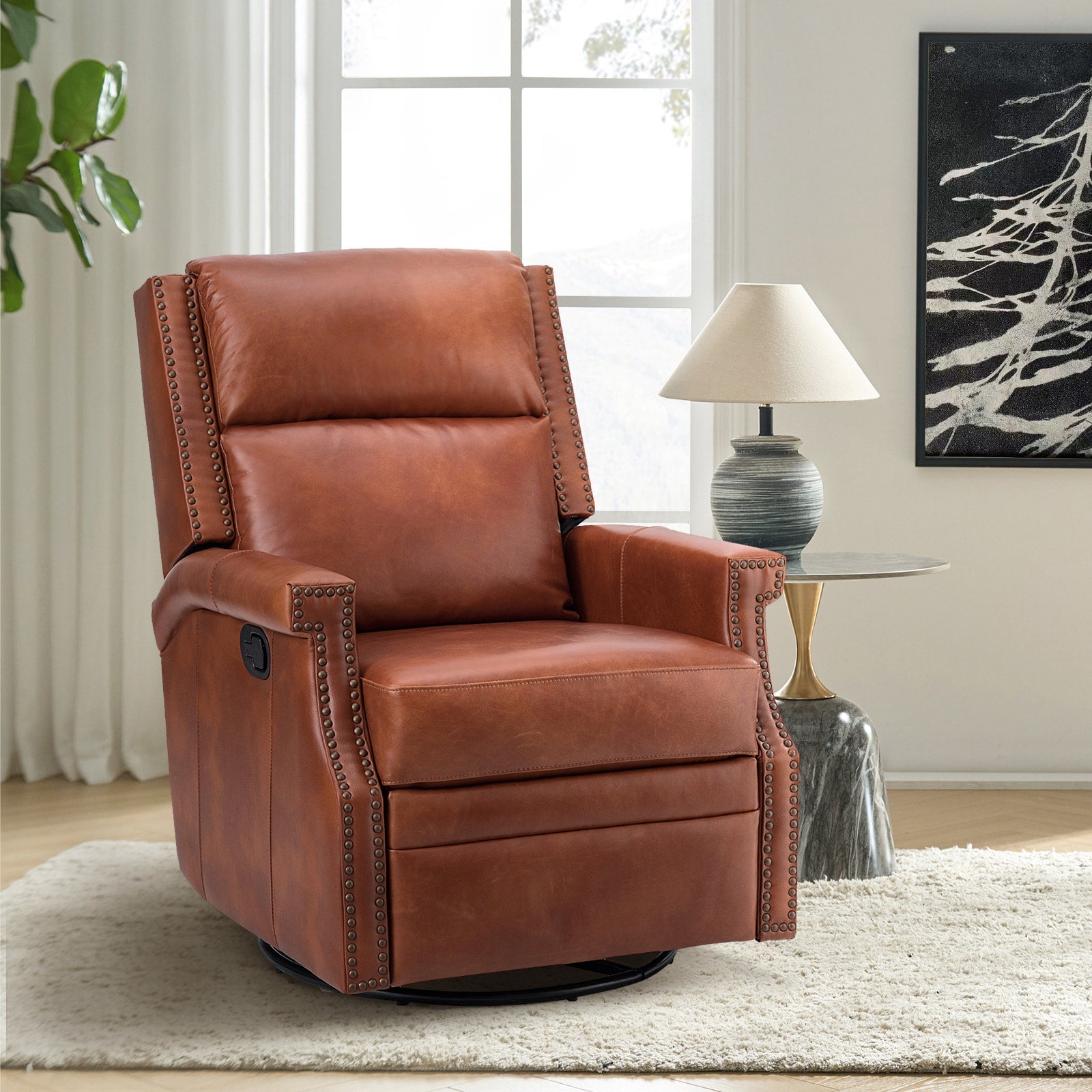 Fauteuil inclinable, pivotant et à bascule Wingback en cuir véritable avec clous en laiton et deux positions manuelles | Camel / Marine / Saddle / Marron / Sauge / Tourterelle / Beige / Turquoise / Bordeaux | Siège unique