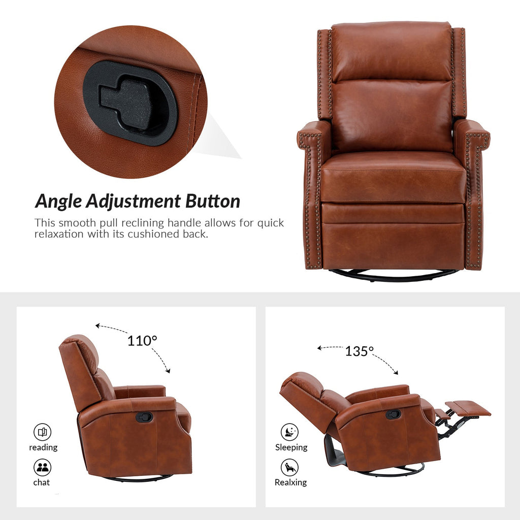 Fauteuil inclinable, pivotant et à bascule Wingback en cuir véritable avec clous en laiton et deux positions manuelles | Camel / Marine / Saddle / Marron / Sauge / Tourterelle / Beige / Turquoise / Bordeaux | Siège unique