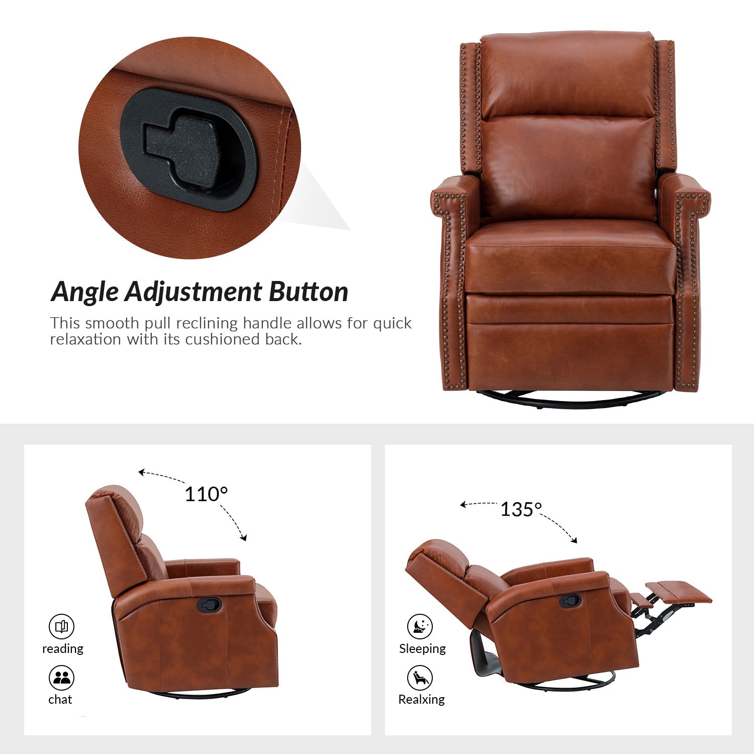 Fauteuil inclinable, pivotant et à bascule Wingback en cuir véritable avec clous en laiton et deux positions manuelles | Camel / Marine / Saddle / Marron / Sauge / Tourterelle / Beige / Turquoise / Bordeaux | Siège unique