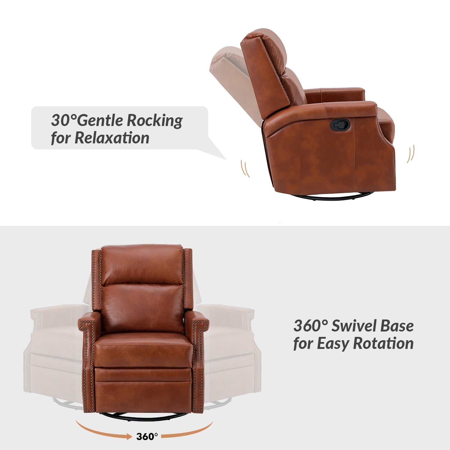Fauteuil inclinable, pivotant et à bascule Wingback en cuir véritable avec clous en laiton et deux positions manuelles | Camel / Marine / Saddle / Marron / Sauge / Tourterelle / Beige / Turquoise / Bordeaux | Siège unique
