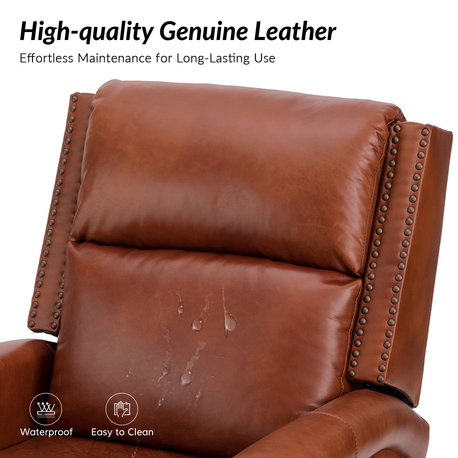 Fauteuil inclinable, pivotant et à bascule Wingback en cuir véritable avec clous en laiton et deux positions manuelles | Camel / Marine / Saddle / Marron / Sauge / Tourterelle / Beige / Turquoise / Bordeaux | Siège unique