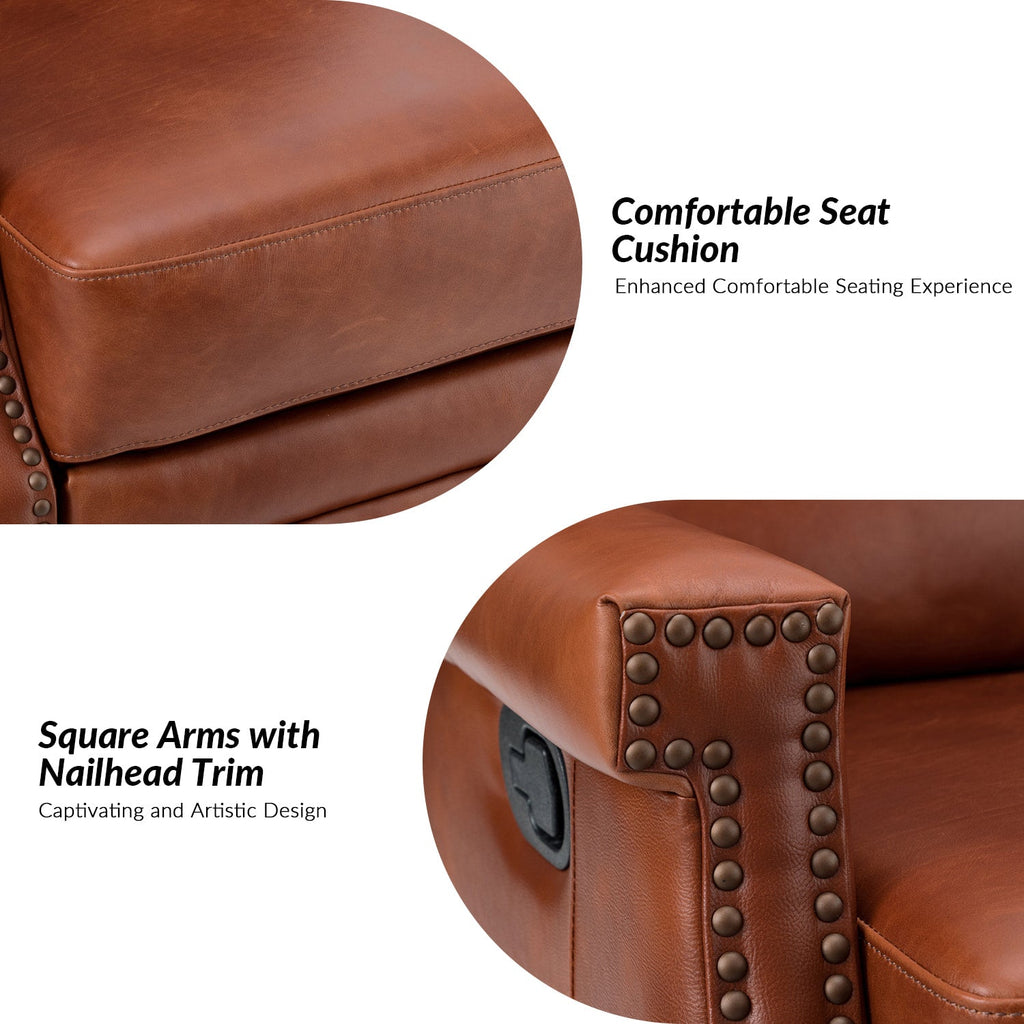 Fauteuil inclinable, pivotant et à bascule Wingback en cuir véritable avec clous en laiton et deux positions manuelles | Camel / Marine / Saddle / Marron / Sauge / Tourterelle / Beige / Turquoise / Bordeaux | Siège unique