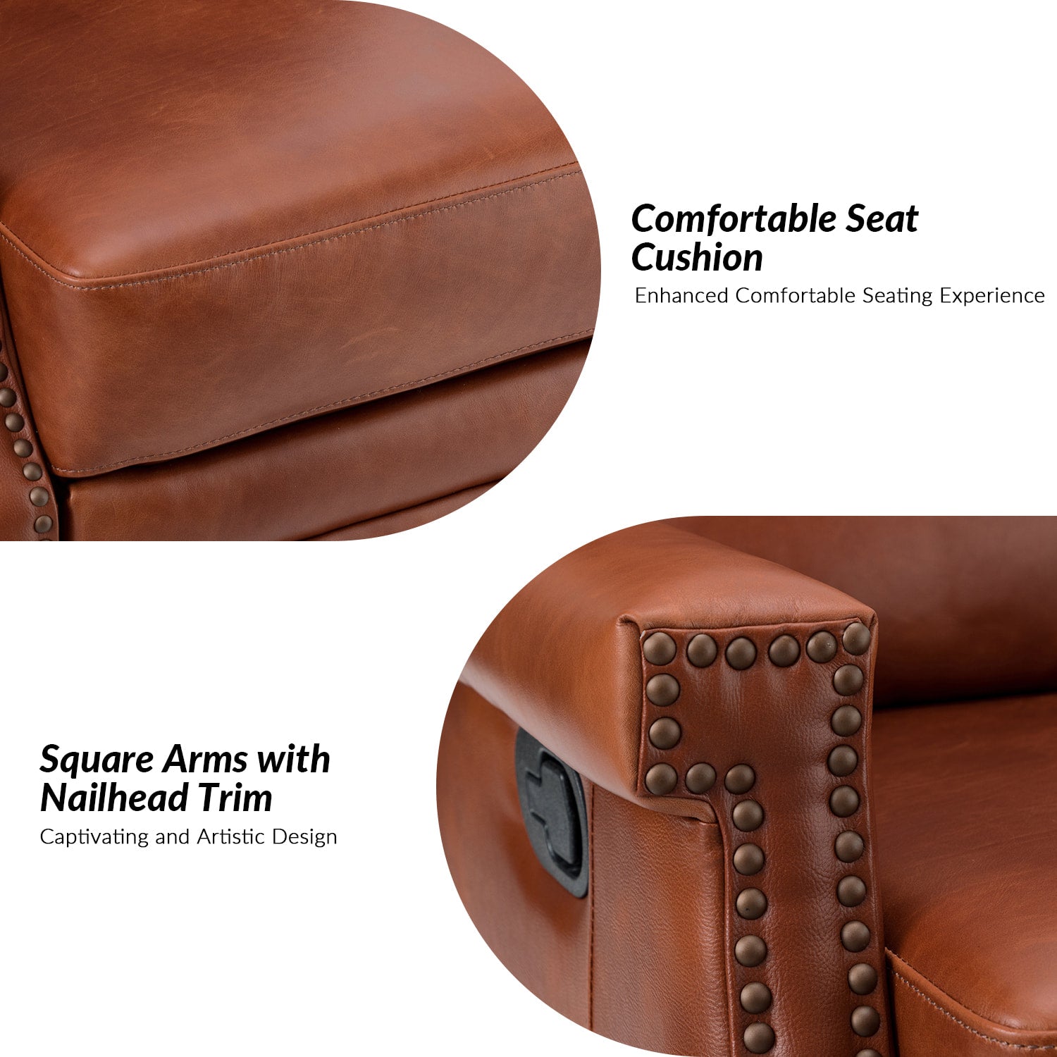 Fauteuil inclinable, pivotant et à bascule Wingback en cuir véritable avec clous en laiton et deux positions manuelles | Camel / Marine / Saddle / Marron / Sauge / Tourterelle / Beige / Turquoise / Bordeaux | Siège unique