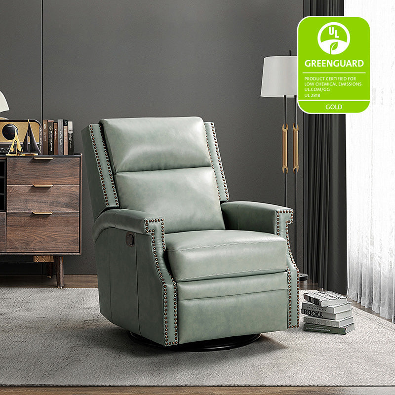 Fauteuil inclinable, pivotant et à bascule Wingback en cuir véritable avec clous en laiton et deux positions manuelles | Camel / Marine / Saddle / Marron / Sauge / Tourterelle / Beige / Turquoise / Bordeaux | Siège unique