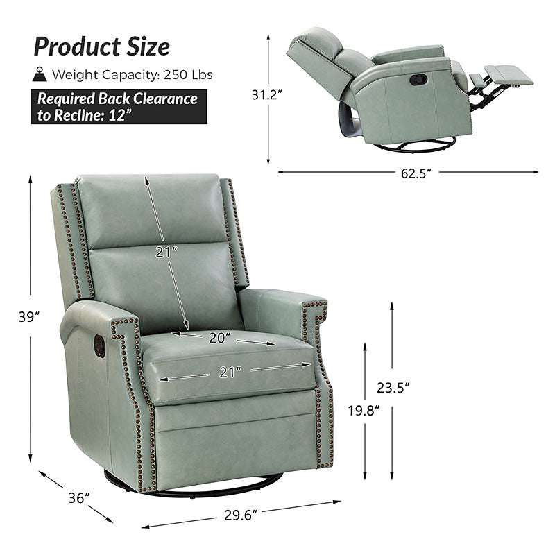 Fauteuil inclinable, pivotant et à bascule Wingback en cuir véritable avec clous en laiton et deux positions manuelles | Camel / Marine / Saddle / Marron / Sauge / Tourterelle / Beige / Turquoise / Bordeaux | Siège unique