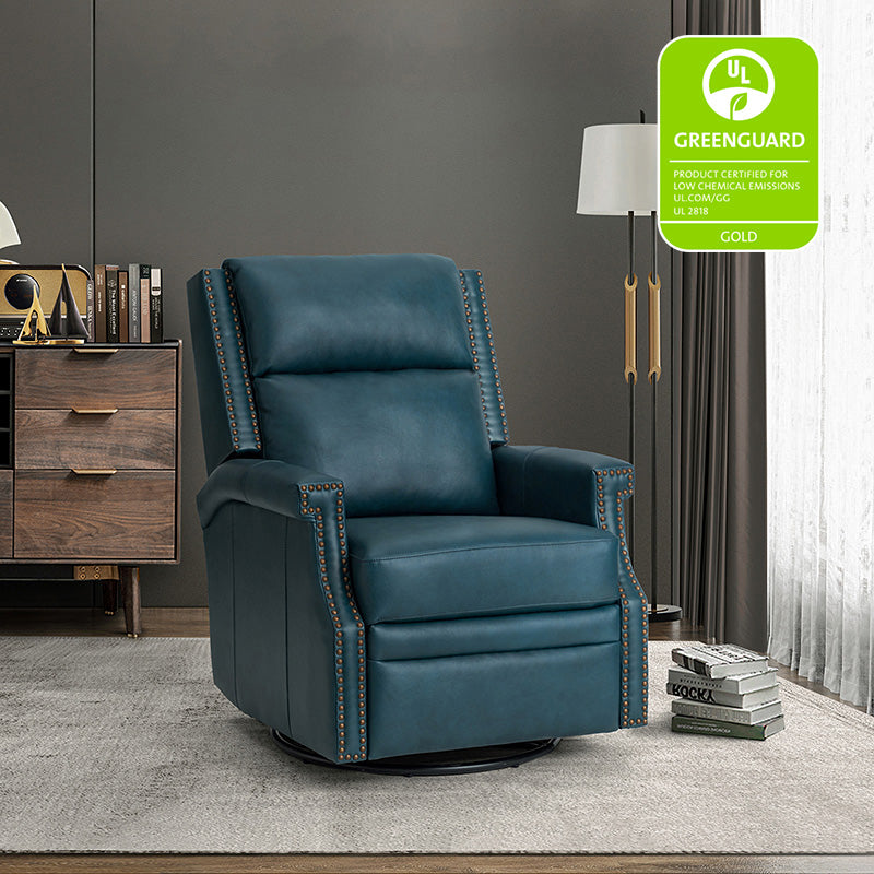 Fauteuil inclinable, pivotant et à bascule Wingback en cuir véritable avec clous en laiton et deux positions manuelles | Camel / Marine / Saddle / Marron / Sauge / Tourterelle / Beige / Turquoise / Bordeaux | Siège unique