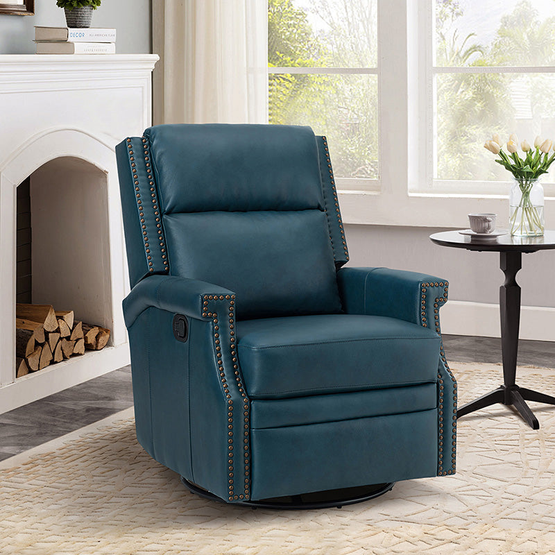 Fauteuil inclinable, pivotant et à bascule Wingback en cuir véritable avec clous en laiton et deux positions manuelles | Camel / Marine / Saddle / Marron / Sauge / Tourterelle / Beige / Turquoise / Bordeaux | Siège unique