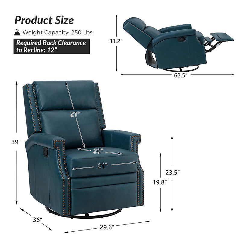 Fauteuil inclinable, pivotant et à bascule Wingback en cuir véritable avec clous en laiton et deux positions manuelles | Camel / Marine / Saddle / Marron / Sauge / Tourterelle / Beige / Turquoise / Bordeaux | Siège unique