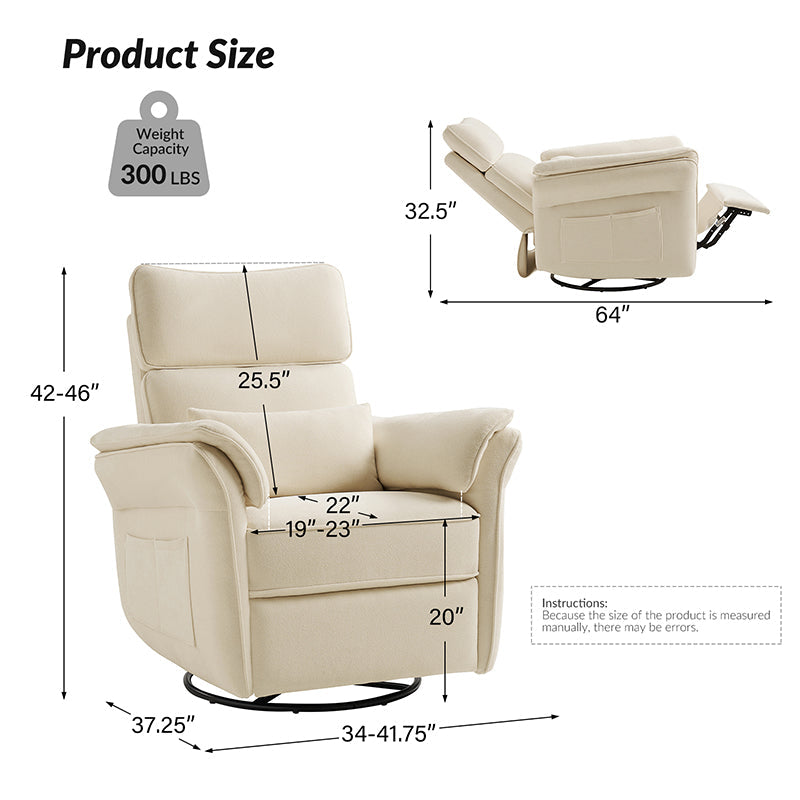 Fauteuil planeur électrique de nurserie avec accoudoirs et appuie-tête réglables, oreiller lombaire amovible, repose-pieds synchronisé et port USB | Beige / Blanc / Gris / Bleu marine / Bleu / Avoine / Mousse / Rose | Monoplace
