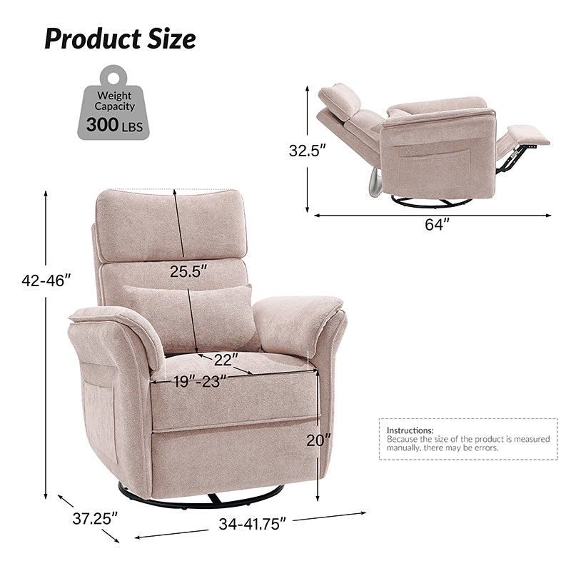 Fauteuil planeur électrique de nurserie avec accoudoirs et appuie-tête réglables, oreiller lombaire amovible, repose-pieds synchronisé et port USB | Beige / Blanc / Gris / Bleu marine / Bleu / Avoine / Mousse / Rose | Monoplace