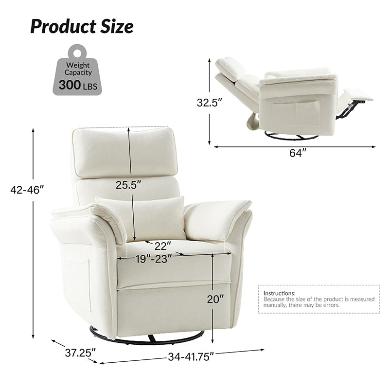 Fauteuil planeur électrique de nurserie avec accoudoirs et appuie-tête réglables, oreiller lombaire amovible, repose-pieds synchronisé et port USB | Beige / Blanc / Gris / Bleu marine / Bleu / Avoine / Mousse / Rose | Monoplace