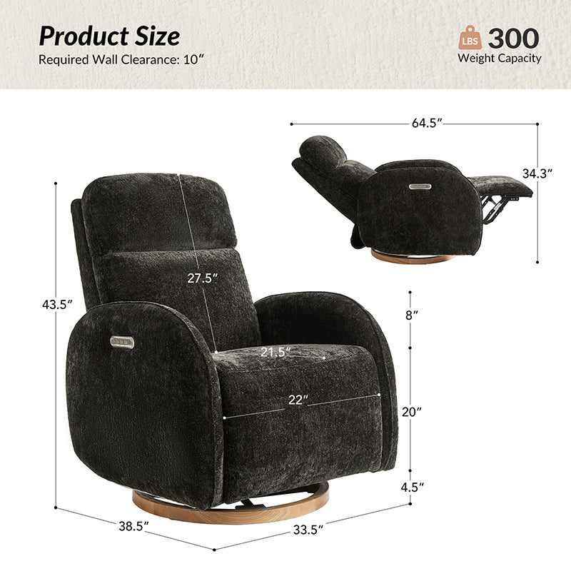 Fauteuil inclinable pivotant électrique pour chambre d'enfant avec appuie-tête et support lombaire motorisés, fonction bascule, veilleuse et ports USB/Type-C | Ivoire / Gris / Rose / Noir | Siège unique
