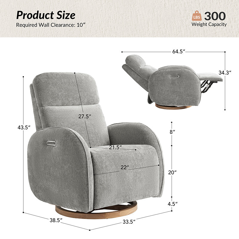 Fauteuil inclinable pivotant électrique pour chambre d'enfant avec appuie-tête et support lombaire motorisés, fonction bascule, veilleuse et ports USB/Type-C | Ivoire / Gris / Rose / Noir | Siège unique