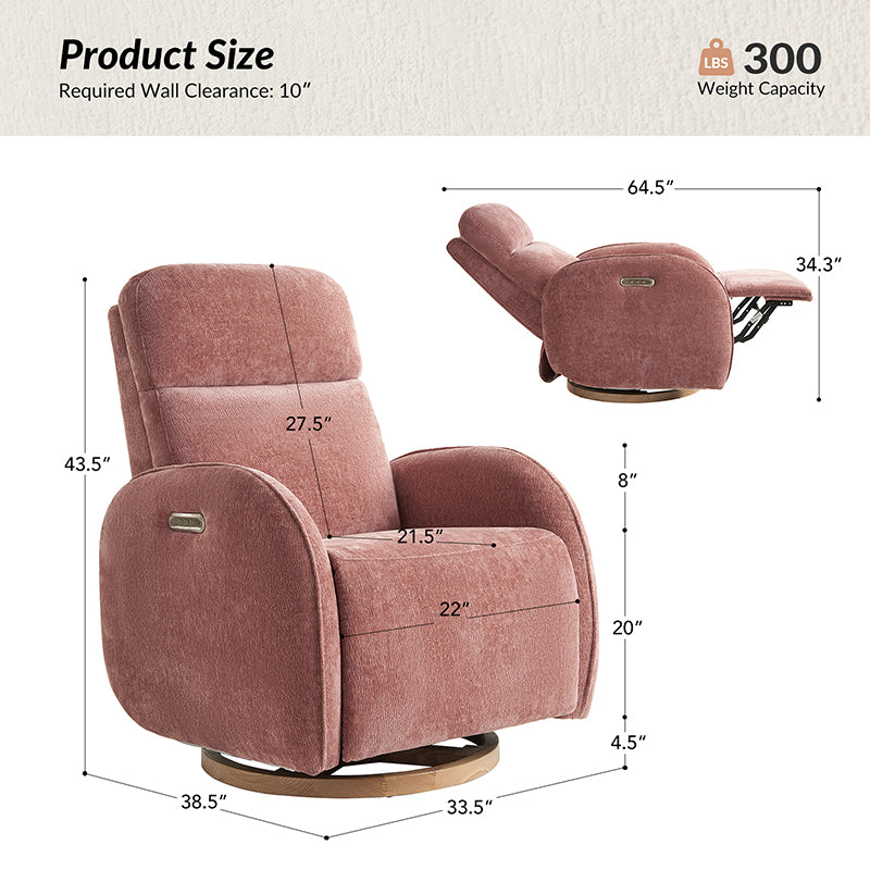 Fauteuil inclinable pivotant électrique pour chambre d'enfant avec appuie-tête et support lombaire motorisés, fonction bascule, veilleuse et ports USB/Type-C | Ivoire / Gris / Rose / Noir | Siège unique