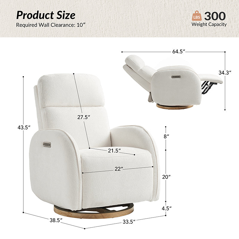 Fauteuil inclinable pivotant électrique pour chambre d'enfant avec appuie-tête et support lombaire motorisés, fonction bascule, veilleuse et ports USB/Type-C | Ivoire / Gris / Rose / Noir | Siège unique