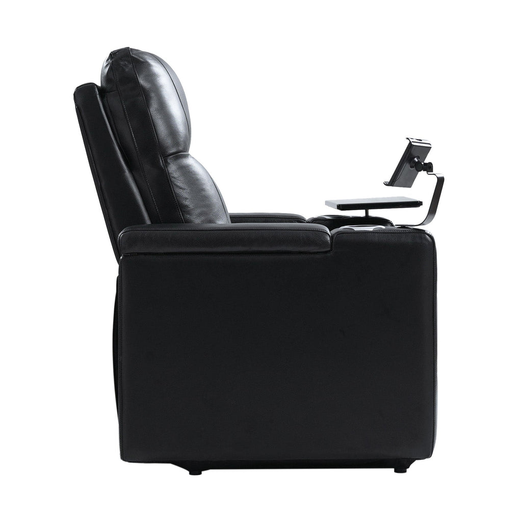 Fauteuil inclinable électrique en cuir de première qualité avec appuie-tête réglable, table d'appoint, support de téléphone, chargement USB et éclairage d'ambiance | Chameau / Noir / Cuir vieilli | Une place