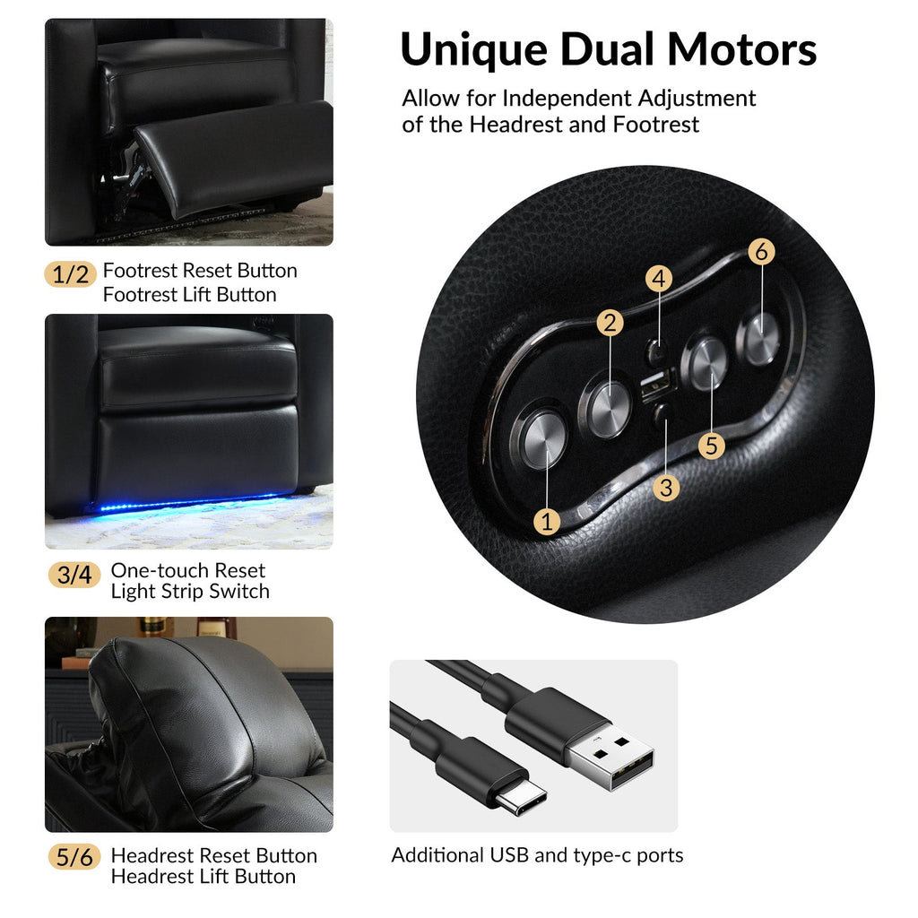 Fauteuil inclinable électrique en cuir de première qualité avec appuie-tête réglable, table d'appoint, support de téléphone, chargement USB et éclairage d'ambiance | Chameau / Noir / Cuir vieilli | Une place