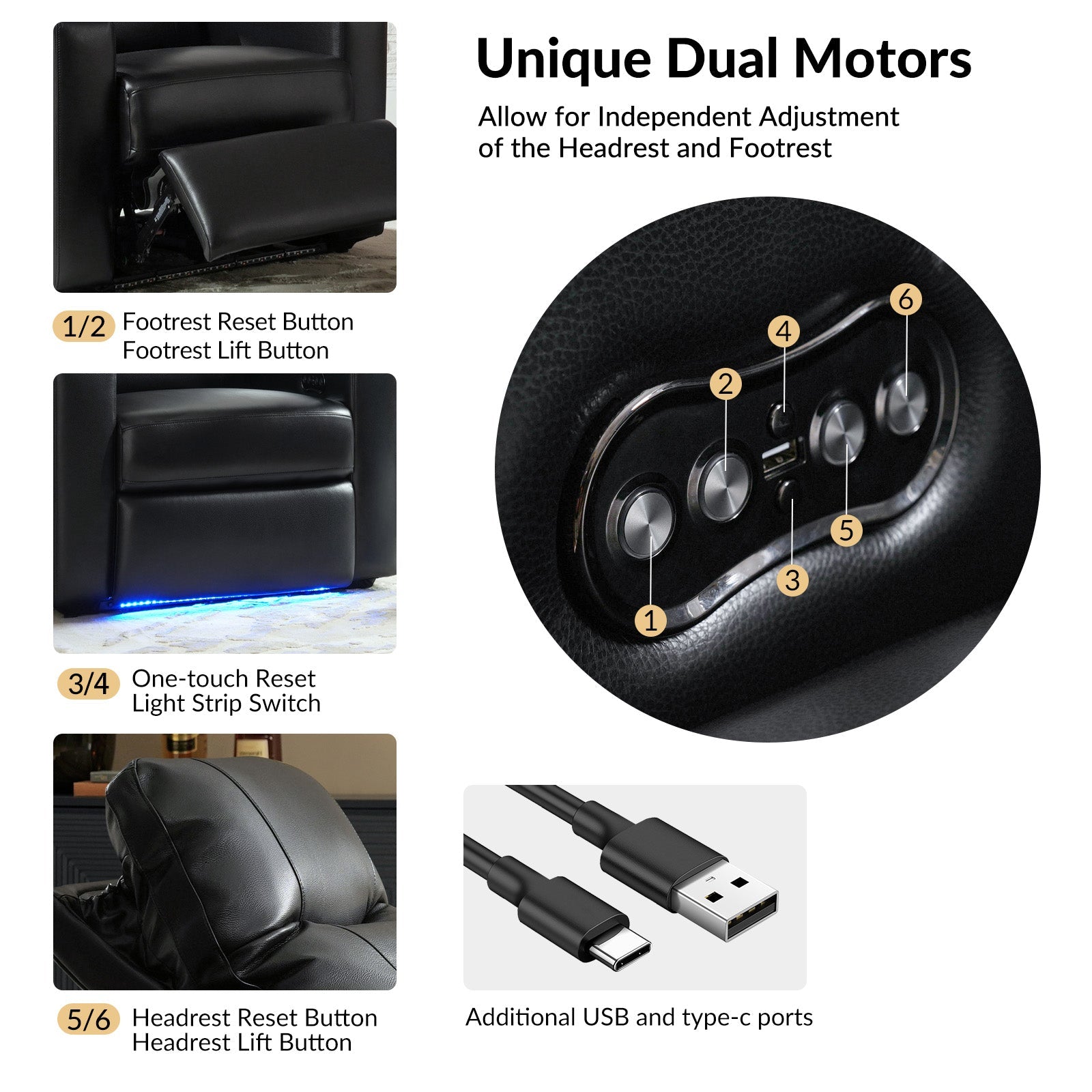 Fauteuil inclinable électrique en cuir de première qualité avec appuie-tête réglable, table d'appoint, support de téléphone, chargement USB et éclairage d'ambiance | Chameau / Noir / Cuir vieilli | Une place