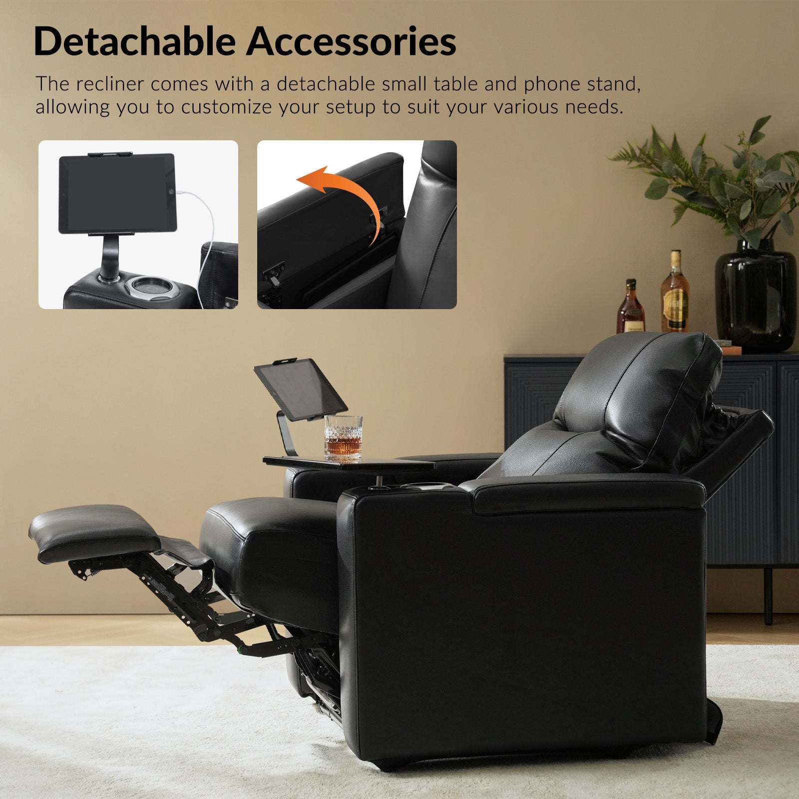 Fauteuil inclinable électrique en cuir de première qualité avec appuie-tête réglable, table d'appoint, support de téléphone, chargement USB et éclairage d'ambiance | Chameau / Noir / Cuir vieilli | Une place