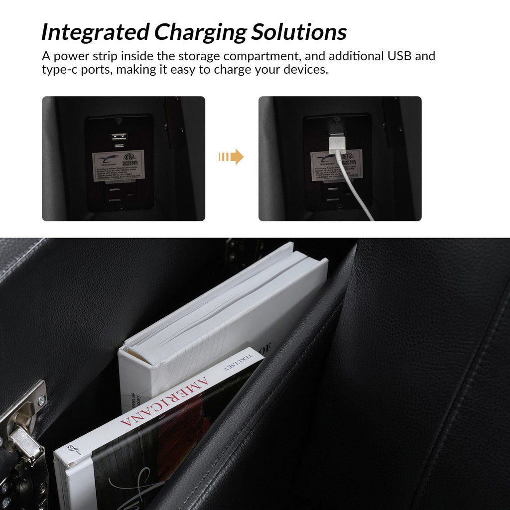 Fauteuil inclinable électrique en cuir de première qualité avec appuie-tête réglable, table d'appoint, support de téléphone, chargement USB et éclairage d'ambiance | Chameau / Noir / Cuir vieilli | Une place