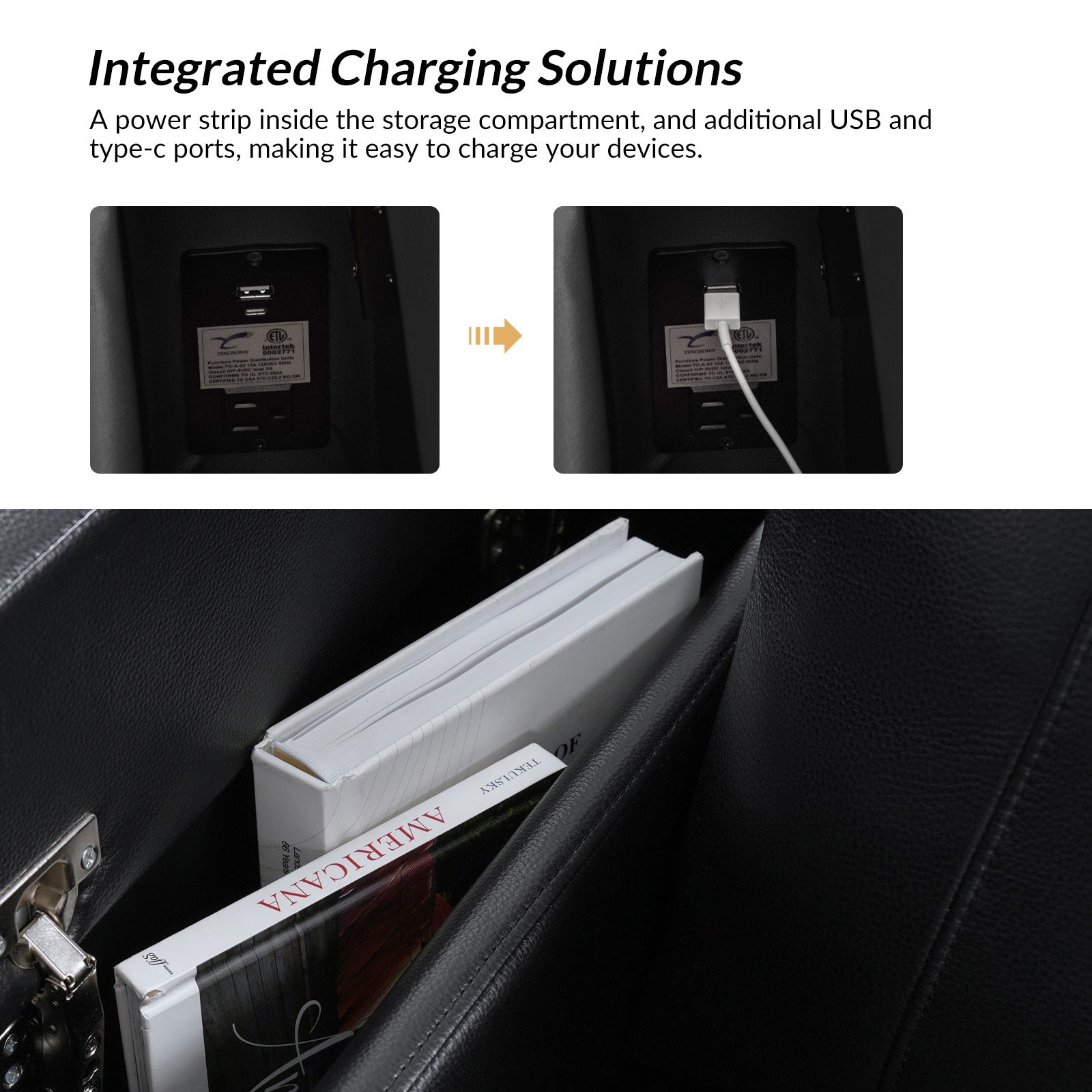 Fauteuil inclinable électrique en cuir de première qualité avec appuie-tête réglable, table d'appoint, support de téléphone, chargement USB et éclairage d'ambiance | Chameau / Noir / Cuir vieilli | Une place