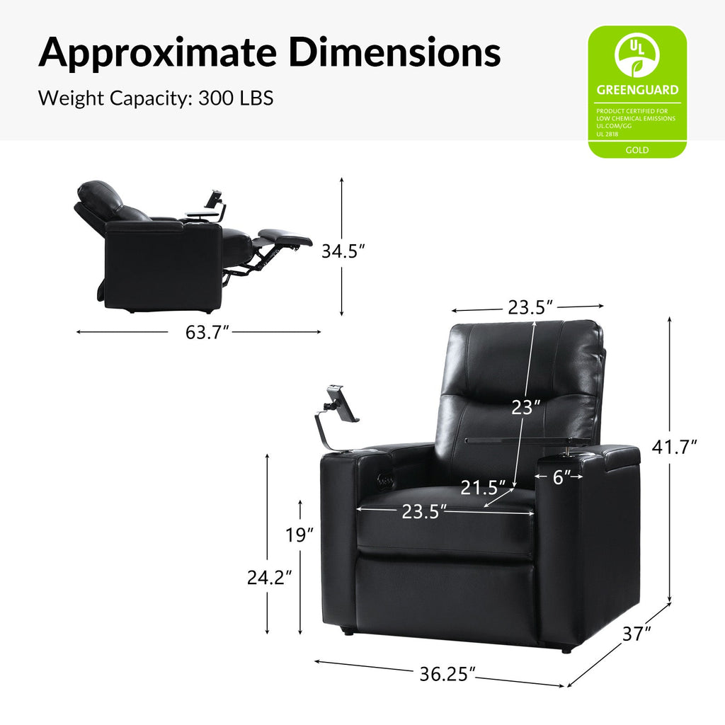 Fauteuil inclinable électrique en cuir de première qualité avec appuie-tête réglable, table d'appoint, support de téléphone, chargement USB et éclairage d'ambiance | Chameau / Noir / Cuir vieilli | Une place