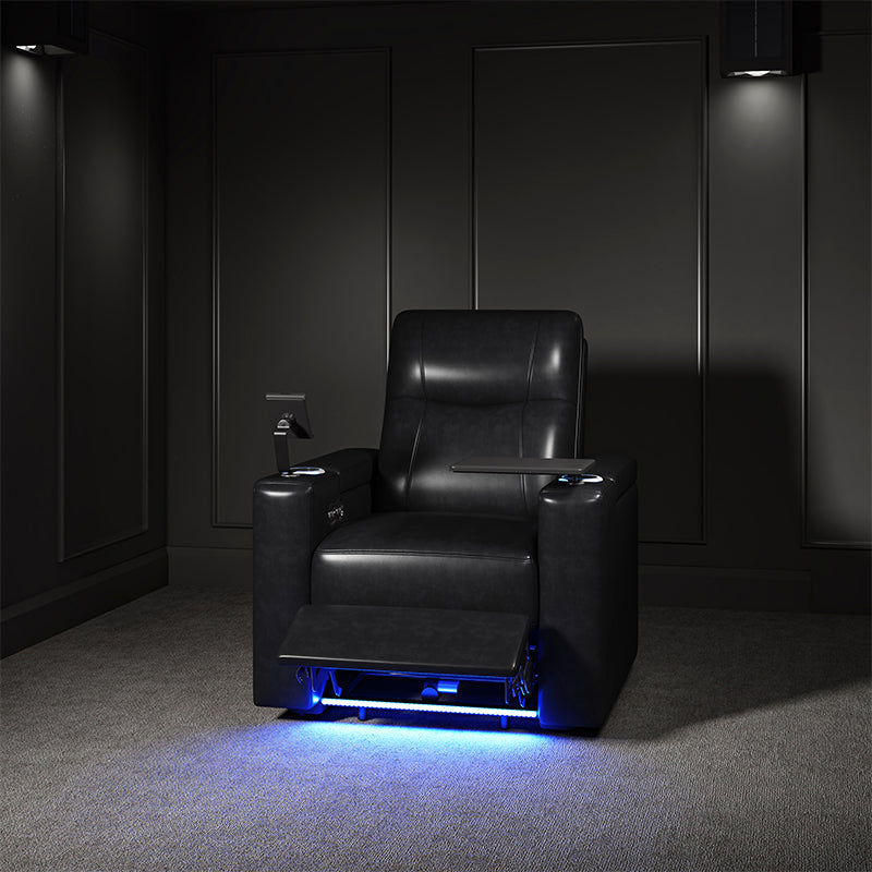 Fauteuil inclinable électrique en cuir de première qualité avec appuie-tête réglable, table d'appoint, support de téléphone, chargement USB et éclairage d'ambiance | Chameau / Noir / Cuir vieilli | Une place
