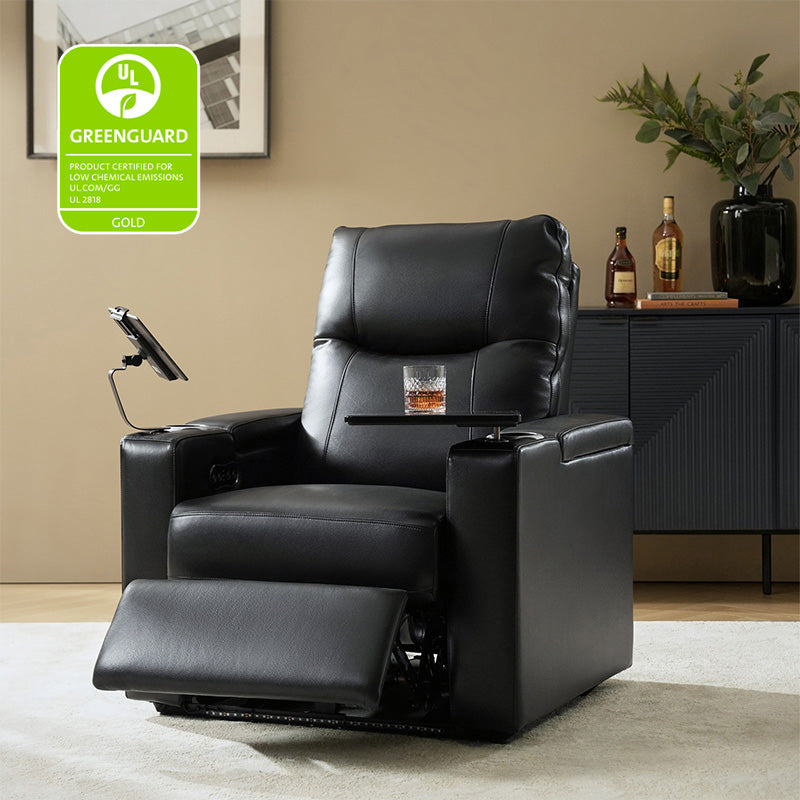 Fauteuil inclinable électrique en cuir de première qualité avec appuie-tête réglable, table d'appoint, support de téléphone, chargement USB et éclairage d'ambiance | Chameau / Noir / Cuir vieilli | Une place