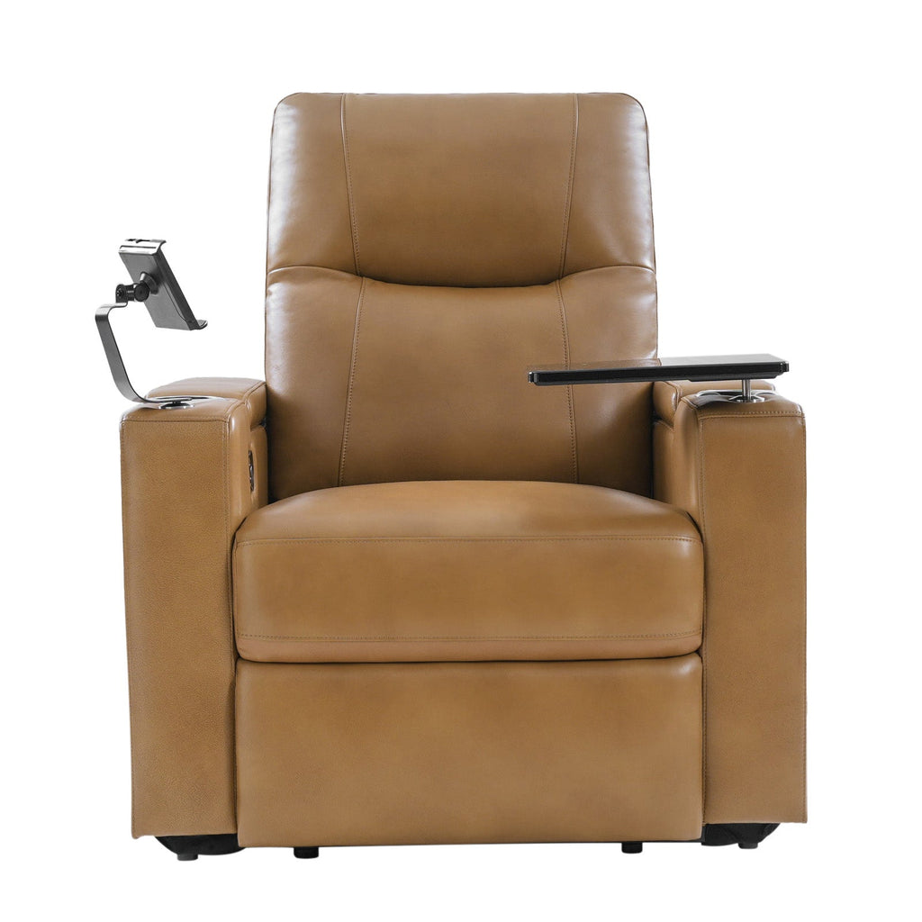Fauteuil inclinable électrique en cuir de première qualité avec appuie-tête réglable, table d'appoint, support de téléphone, chargement USB et éclairage d'ambiance | Chameau / Noir / Cuir vieilli | Une place