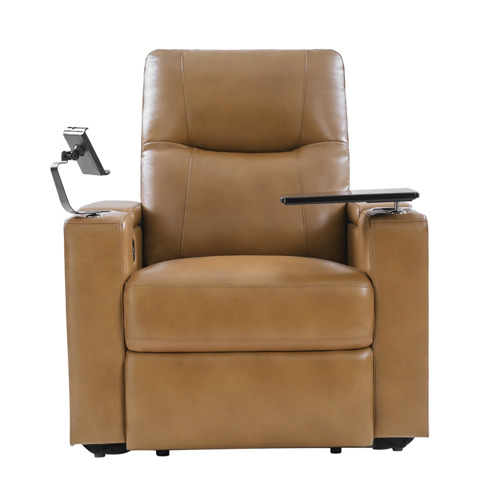 Fauteuil inclinable électrique en cuir de première qualité avec appuie-tête réglable, table d'appoint, support de téléphone, chargement USB et éclairage d'ambiance | Chameau / Noir / Cuir vieilli | Une place