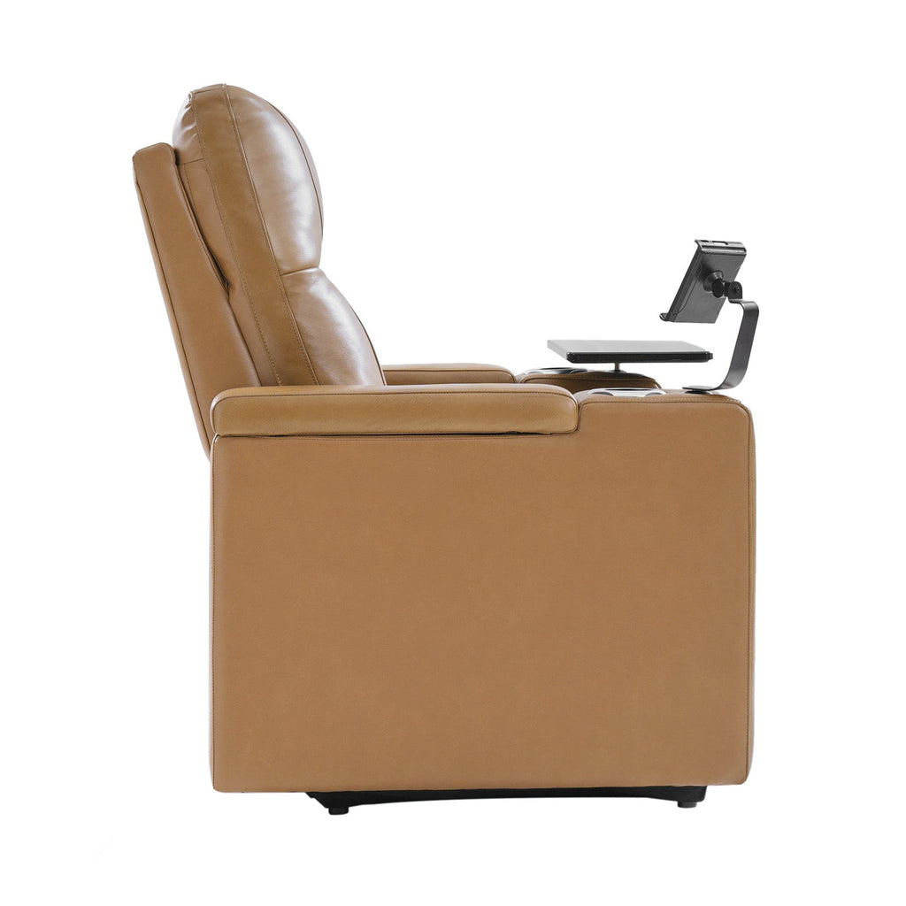 Fauteuil inclinable électrique en cuir de première qualité avec appuie-tête réglable, table d'appoint, support de téléphone, chargement USB et éclairage d'ambiance | Chameau / Noir / Cuir vieilli | Une place