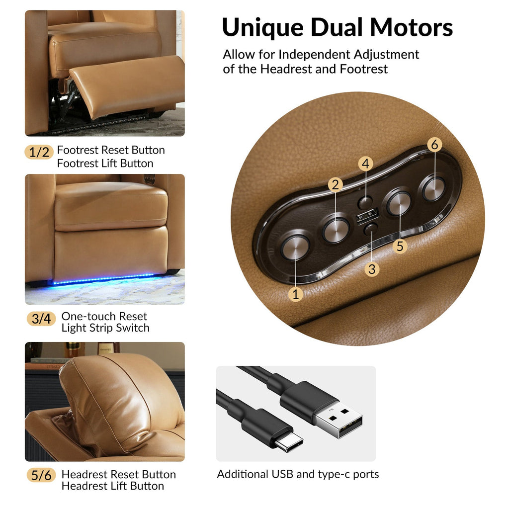 Fauteuil inclinable électrique en cuir de première qualité avec appuie-tête réglable, table d'appoint, support de téléphone, chargement USB et éclairage d'ambiance | Chameau / Noir / Cuir vieilli | Une place