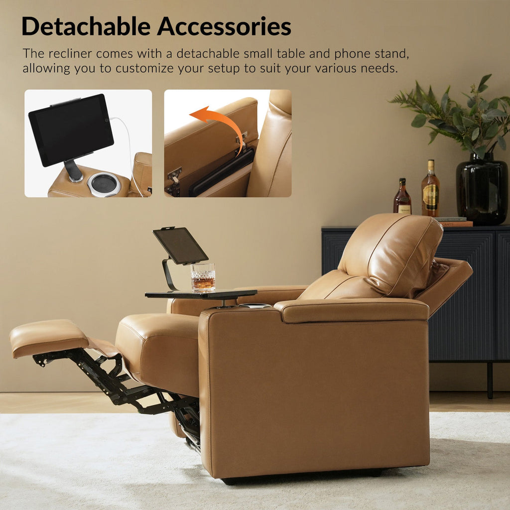 Fauteuil inclinable électrique en cuir de première qualité avec appuie-tête réglable, table d'appoint, support de téléphone, chargement USB et éclairage d'ambiance | Chameau / Noir / Cuir vieilli | Une place