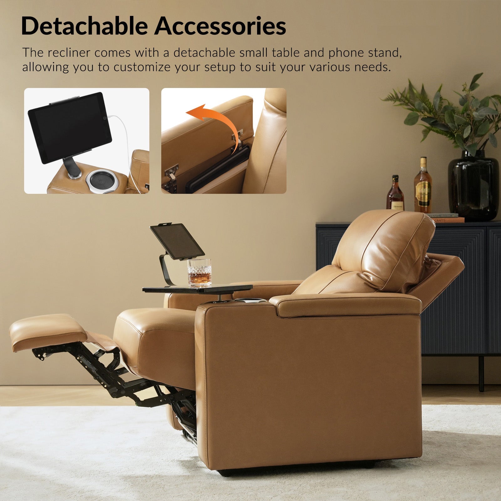 Fauteuil inclinable électrique en cuir de première qualité avec appuie-tête réglable, table d'appoint, support de téléphone, chargement USB et éclairage d'ambiance | Chameau / Noir / Cuir vieilli | Une place