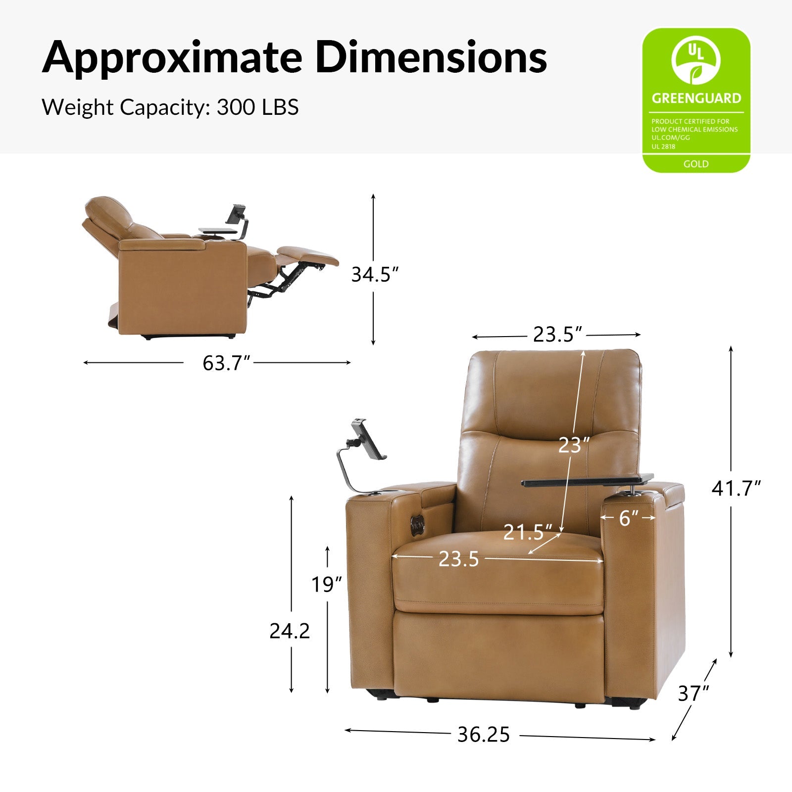 Fauteuil inclinable électrique en cuir de première qualité avec appuie-tête réglable, table d'appoint, support de téléphone, chargement USB et éclairage d'ambiance | Chameau / Noir / Cuir vieilli | Une place