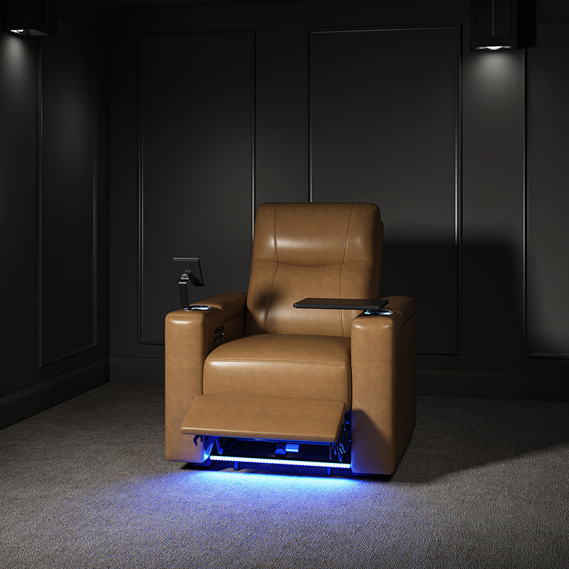 Fauteuil inclinable électrique en cuir de première qualité avec appuie-tête réglable, table d'appoint, support de téléphone, chargement USB et éclairage d'ambiance | Chameau / Noir / Cuir vieilli | Une place