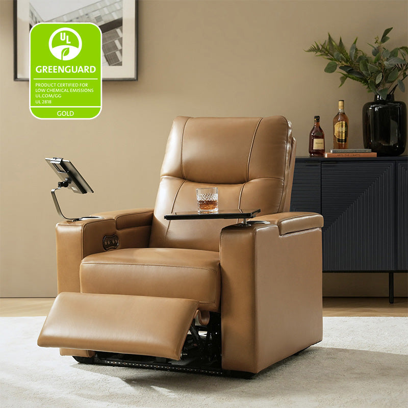Fauteuil inclinable électrique en cuir de première qualité avec appuie-tête réglable, table d'appoint, support de téléphone, chargement USB et éclairage d'ambiance | Chameau / Noir / Cuir vieilli | Une place