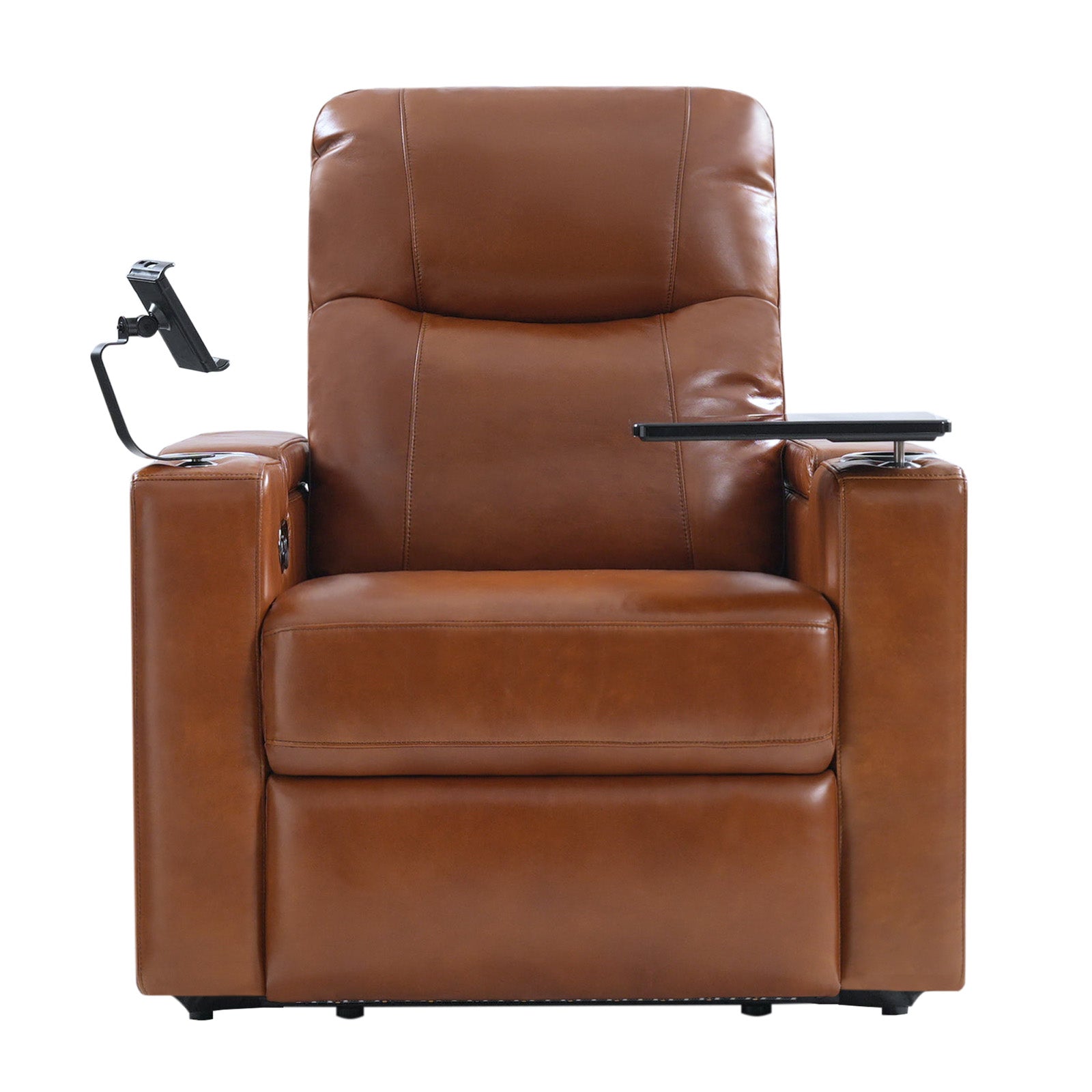 Fauteuil inclinable électrique en cuir de première qualité avec appuie-tête réglable, table d'appoint, support de téléphone, chargement USB et éclairage d'ambiance | Chameau / Noir / Cuir vieilli | Une place