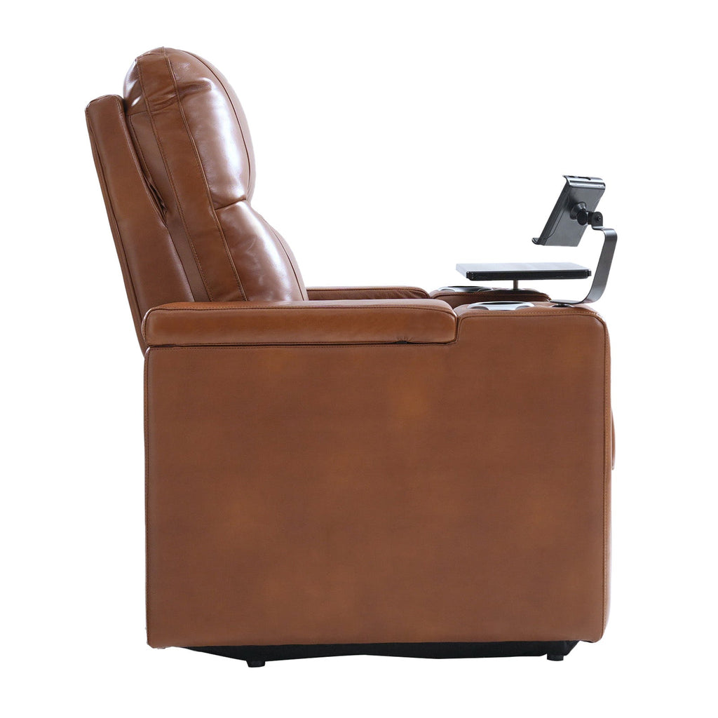 Fauteuil inclinable électrique en cuir de première qualité avec appuie-tête réglable, table d'appoint, support de téléphone, chargement USB et éclairage d'ambiance | Chameau / Noir / Cuir vieilli | Une place