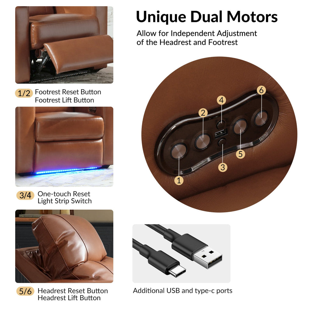 Fauteuil inclinable électrique en cuir de première qualité avec appuie-tête réglable, table d'appoint, support de téléphone, chargement USB et éclairage d'ambiance | Chameau / Noir / Cuir vieilli | Une place