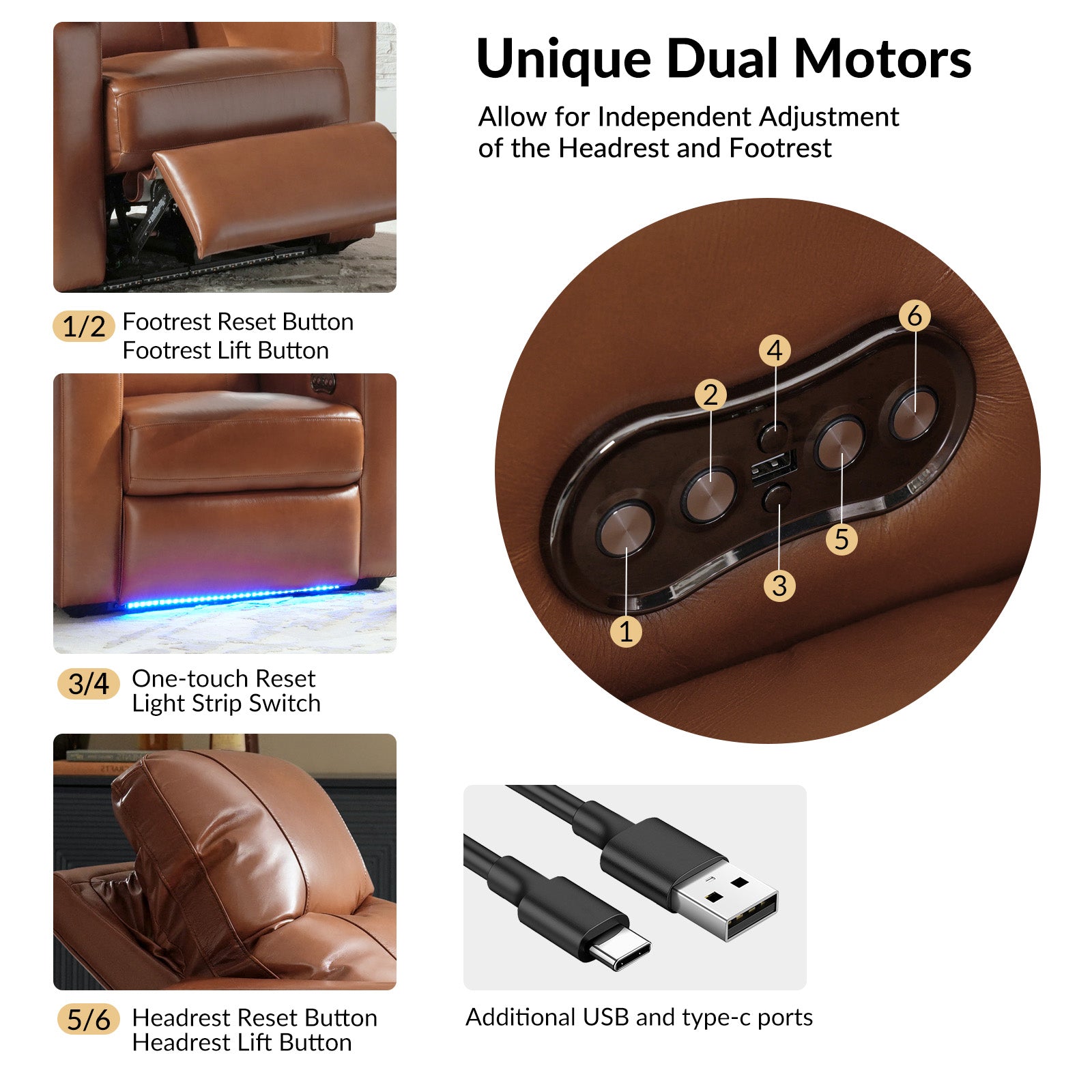 Fauteuil inclinable électrique en cuir de première qualité avec appuie-tête réglable, table d'appoint, support de téléphone, chargement USB et éclairage d'ambiance | Chameau / Noir / Cuir vieilli | Une place