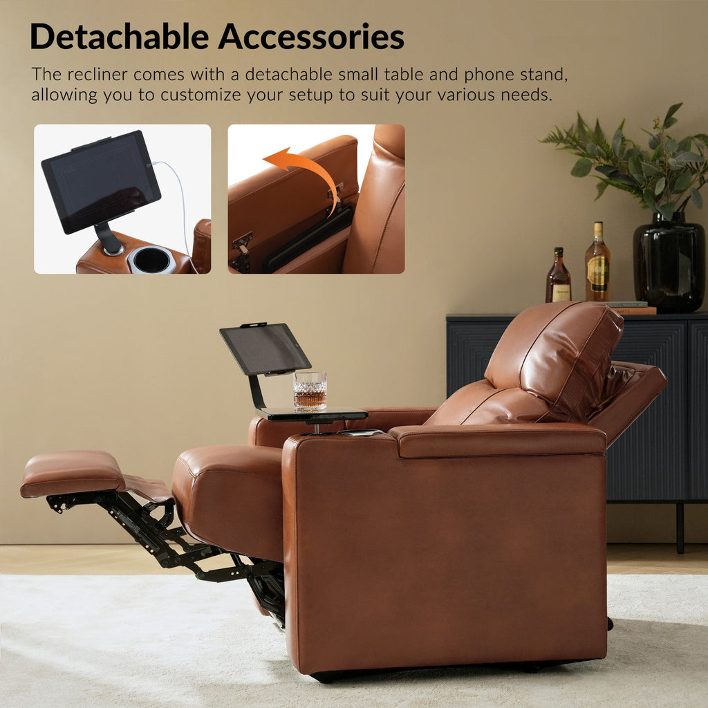 Fauteuil inclinable électrique en cuir de première qualité avec appuie-tête réglable, table d'appoint, support de téléphone, chargement USB et éclairage d'ambiance | Chameau / Noir / Cuir vieilli | Une place