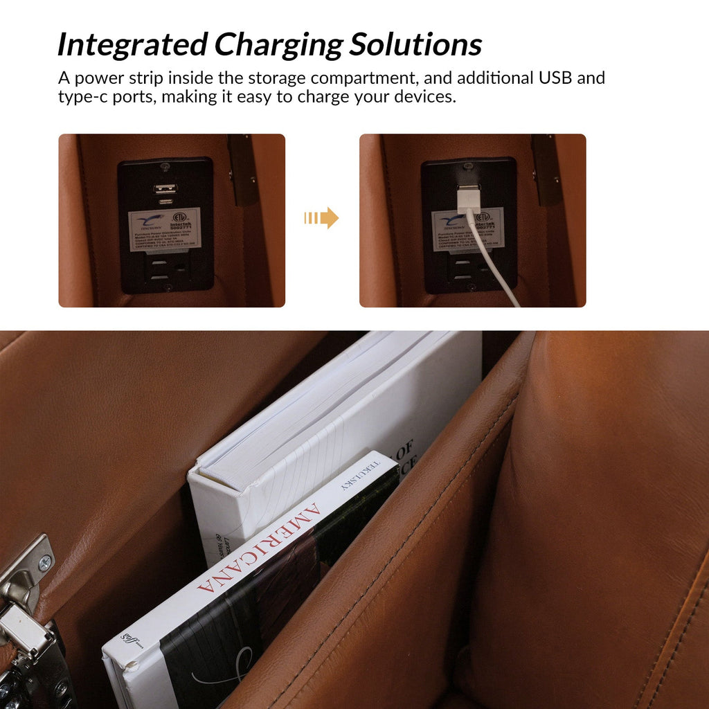 Fauteuil inclinable électrique en cuir de première qualité avec appuie-tête réglable, table d'appoint, support de téléphone, chargement USB et éclairage d'ambiance | Chameau / Noir / Cuir vieilli | Une place