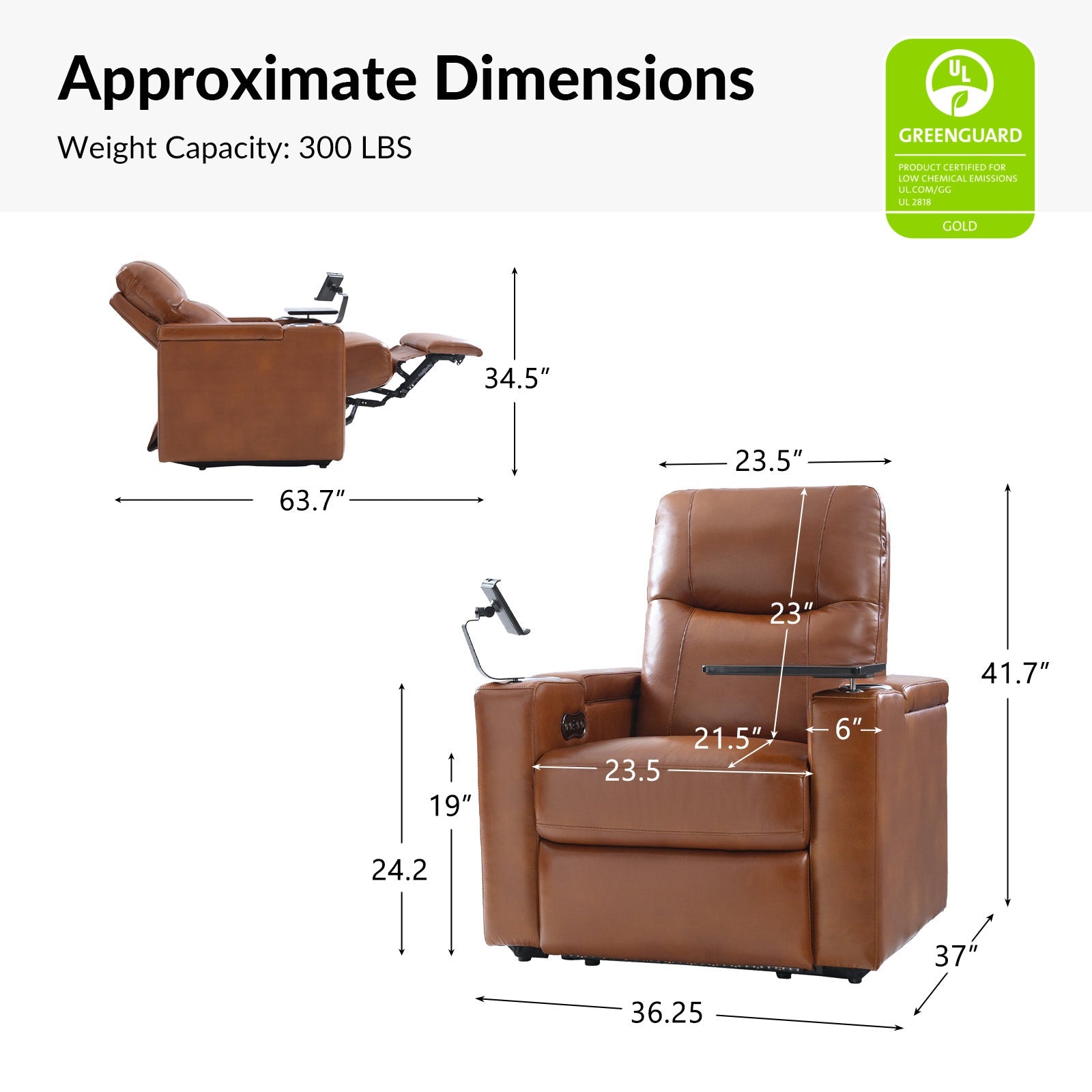 Fauteuil inclinable électrique en cuir de première qualité avec appuie-tête réglable, table d'appoint, support de téléphone, chargement USB et éclairage d'ambiance | Chameau / Noir / Cuir vieilli | Une place
