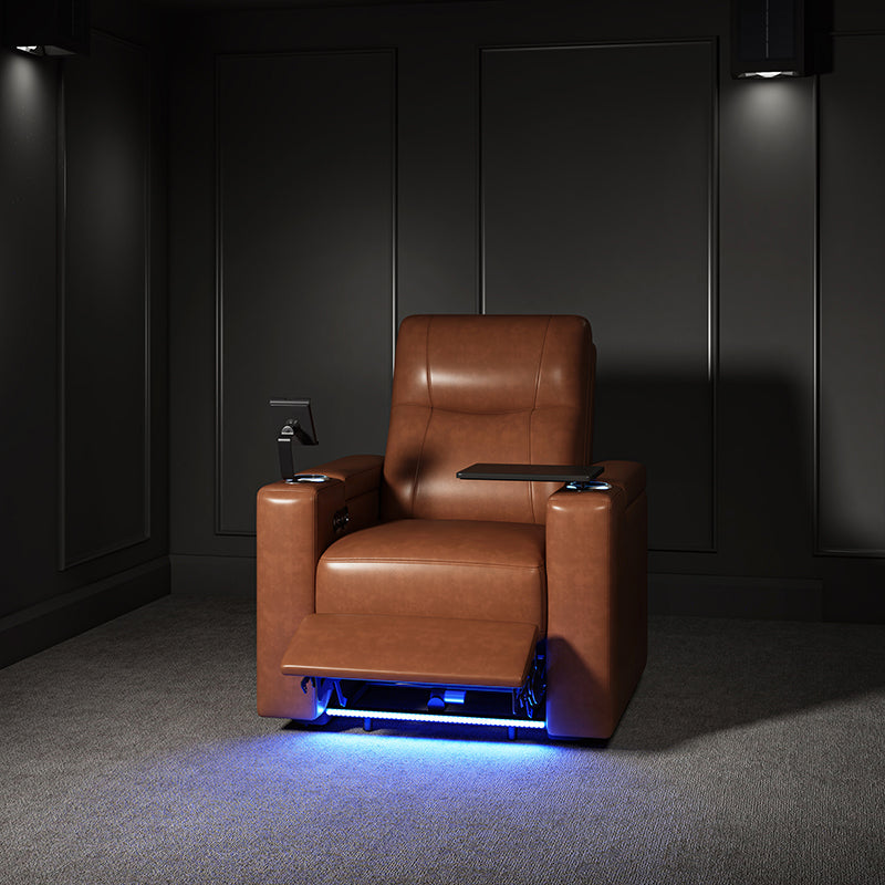 Fauteuil inclinable électrique en cuir de première qualité avec appuie-tête réglable, table d'appoint, support de téléphone, chargement USB et éclairage d'ambiance | Chameau / Noir / Cuir vieilli | Une place